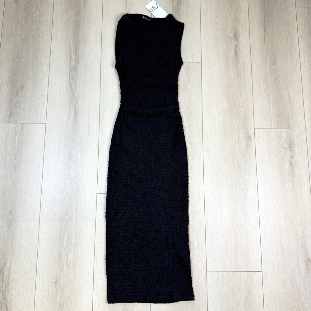 ZARA‎ Textured Black Sleeveless Midi Dress Women's S Ruched Stretch Bodycon NWT